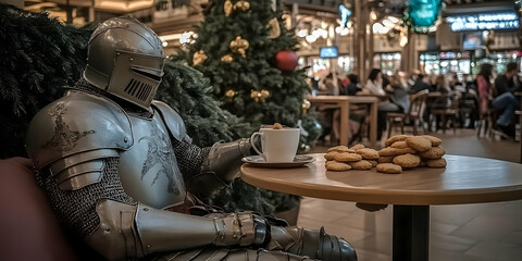 Photo, Knight, Armor, Tea, Cookies, Cafe, Christmas Tree, Festive, Holiday, Tradition, Sitting
