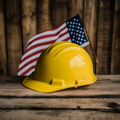 Photo - Yellow Hard Hat, Flag, and Rustic Wood Background