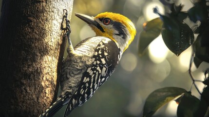 Obraz premium Golden-backed woodpecker clinging to tree trunk.