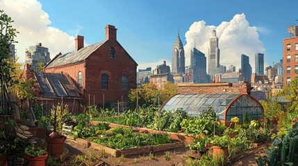 Rooftop garden with city skyline view.