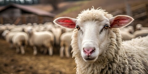 Obraz premium Close-Up Sheep Portrait: Fluffy White Wool and Expressive Eyes in a Rustic Farm Setting