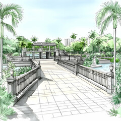 Illustration of Tropical Garden Bridge, Palm Trees, and Pavilion