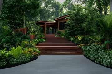 3D Illustration- Lush Forest Home, Garden Path, Wooden Stairs, Tranquil Retreat