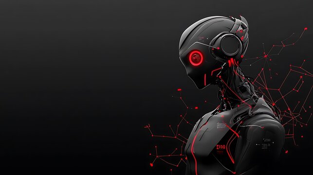 Cyberpunk Robot 3D Render: Glowing Red Accents Against Dark Background AI Generated