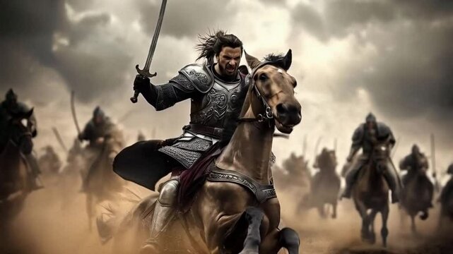 The knight bravely rode his majestic horse into battle, ready to defend his kingdom's honor.