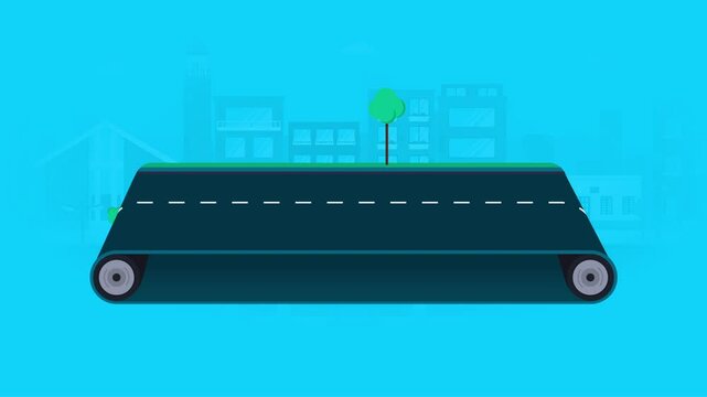 2d flat cartoon style Infinite road or street treadmill animation with a city in the background. Concept of public transportation, city, automotive, driving educational. Side view. Seamless Loop.