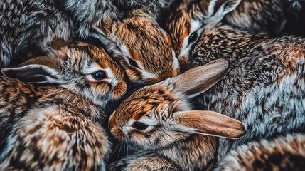 Huddled rabbits farm, close-up, textured fur