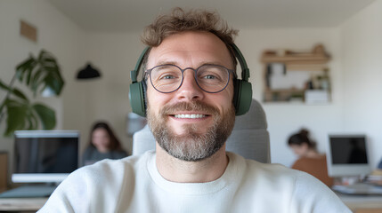 Fototapeta premium Young man wearing headphones working on a laptop in a cozy, modern home office with indoor plants and minimalist decor