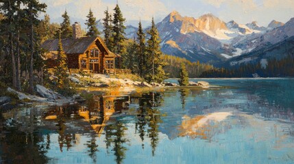 Obraz premium Mountain lake cabin reflection.