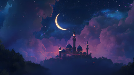 Naklejka premium Enchanting city skyline bathed in moonlight, evoking calm and beauty.