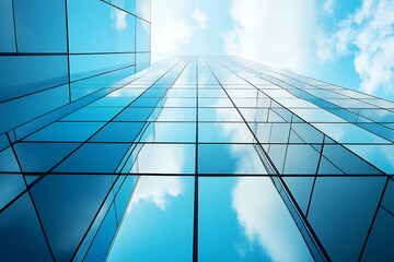 Obraz premium Modern glass office building with reflective windows against blue sky and clouds