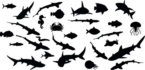 shark silhouette set, on white background vector