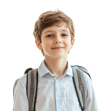 portrait of beautiful smiling caucasian schoolboy boy 12 years old in school uniform with school bag on shoulders, isolate on transparent background