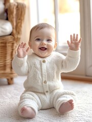 Fototapeta premium A cheerful baby in a white knitted onesie sits by a sunlit window, smiling and waving with excitement. The warm natural light