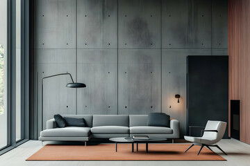 Illustration - Modern Living Room Interior Design, Sofa, Armchair, Coffee Table, Rug, Lamp, Concrete Wall