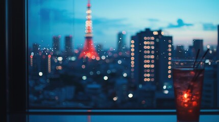 Night city view with drink.