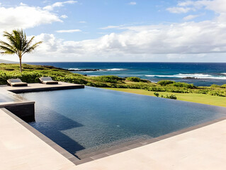 Fototapeta premium Photo Tropical Luxury Infinity Pool Ocean View Clouds Sky Palm Tree