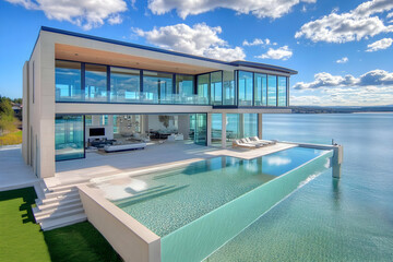 Fototapeta premium Photo Modern Luxury Lakeside Home Architecture Design Infinity Pool Ocean View