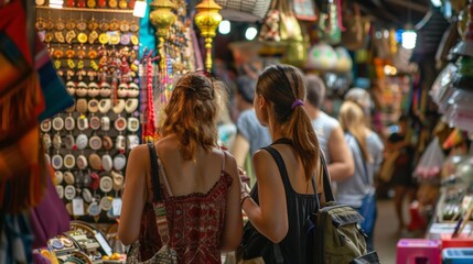 Naklejka premium Friends shopping for souvenirs at a tourist market with
