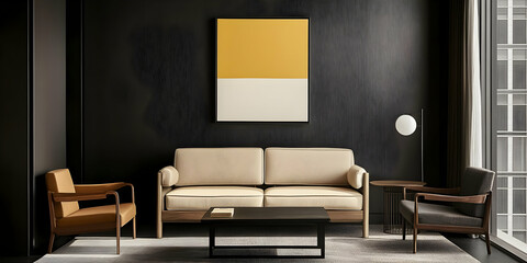 Fototapeta premium 3D Illustration Modern Living Room Interior Design, Sofa, Armchairs, Coffee Table, Artwork