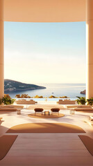 Fototapeta premium 3D Illustration Modern Villa Interior Ocean View, Sunset, Luxury, Design, Architecture, Minimalist, Home, Decor, Furniture