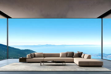 Fototapeta premium 3D Illustration Modern Living Room Ocean View Sofa Interior Design Architecture Home Decor