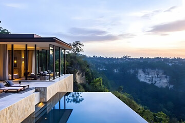 Fototapeta premium Photo Modern Luxury Home, Infinity Pool, Valley View Sunrise