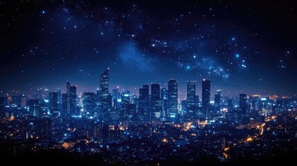Night Sky Over City Skyline with Stars and Urban Lights