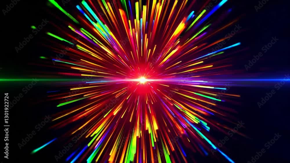 Poster explosive burst of multicolored light rays with radiant center. abstract energy concept