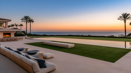 Fototapeta premium Photo Luxury Ocean View Home Sunset Patio Pool Palm Trees