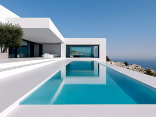 Fototapeta premium 3D Illustration White Modern Villa, Ocean View, Pool, Sky, Summer, Luxury, Architecture, Travel, Design