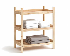 3D render of a simple light wood baby changing shelf with two shelves and folded towels on a white background