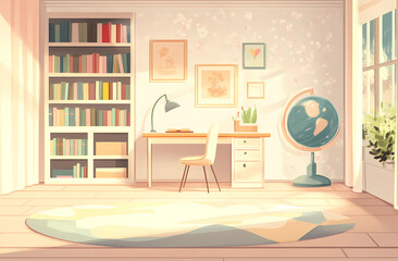 A cute cartoon illustration of an open study room with bookshelves, a desk, and a chair in pastel colors