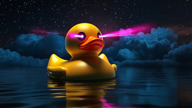 Rubber duck shoots laser in night sky