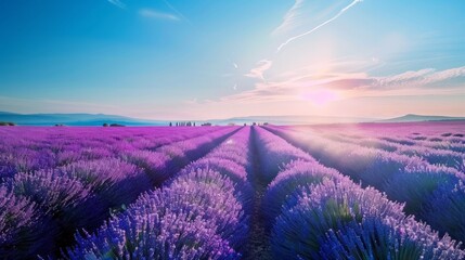 Lavender fields in full bloom under a clear blue sky with