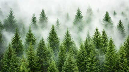 Misty Mountain Evergreen Forest Aerial View