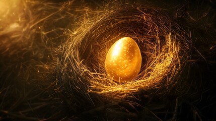 The classic fable, A goose and a golden egg, A golden egg glowing in a bird’s nest