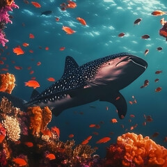 Fototapeta premium Realistic Image - Whale Shark, Coral Reef, Ocean, Marine Life, Underwater, Fish, Tropical, Diving, Scuba, Sea