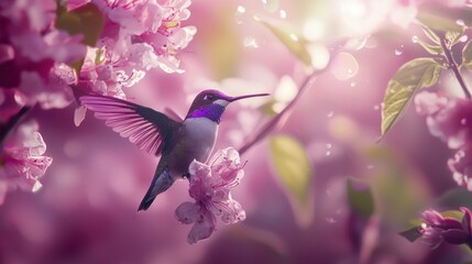 Hummingbird hovering near pink blossoms.