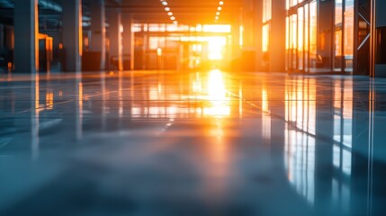 Sunlit modern building interior with shiny floor.