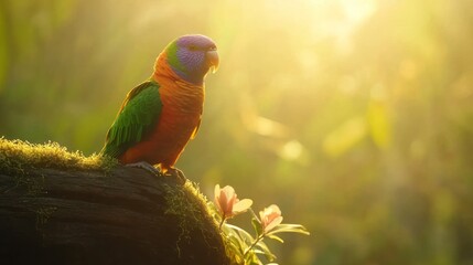Colorful parrot perched on mossy log at sunrise.