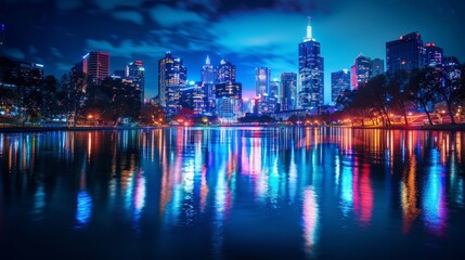 Fototapeta premium Night view of a city with a river and reflections of lights with