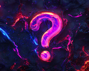 Glowing Purple Question Mark on Dark Lava Rock Background