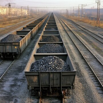Industrial Railway Scene Coal Filled Train Cars on Parallel Tracks