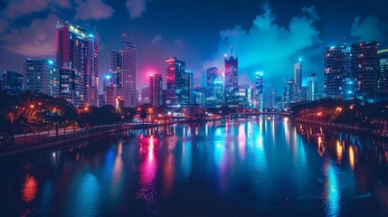 Fototapeta premium Night view of a city with a river and reflections of lights with