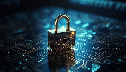 Golden padlock on a digital circuit board, symbolizing cybersecurity and data protection