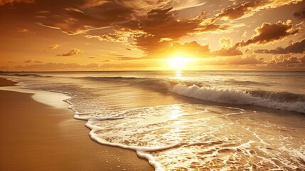 Peaceful beach with gentle waves and a golden sunset with