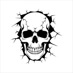 Obraz premium Illustration of a skull in the wall. Skeleton breaking through wall. Human skull through the hole. Halloween decor.