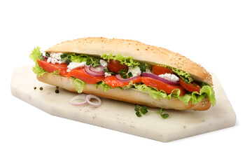 Delicious baguette sandwich with salmon isolated on white