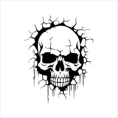 Illustration of a skull in the wall. Skeleton breaking through wall. Human skull through the hole. Halloween decor.